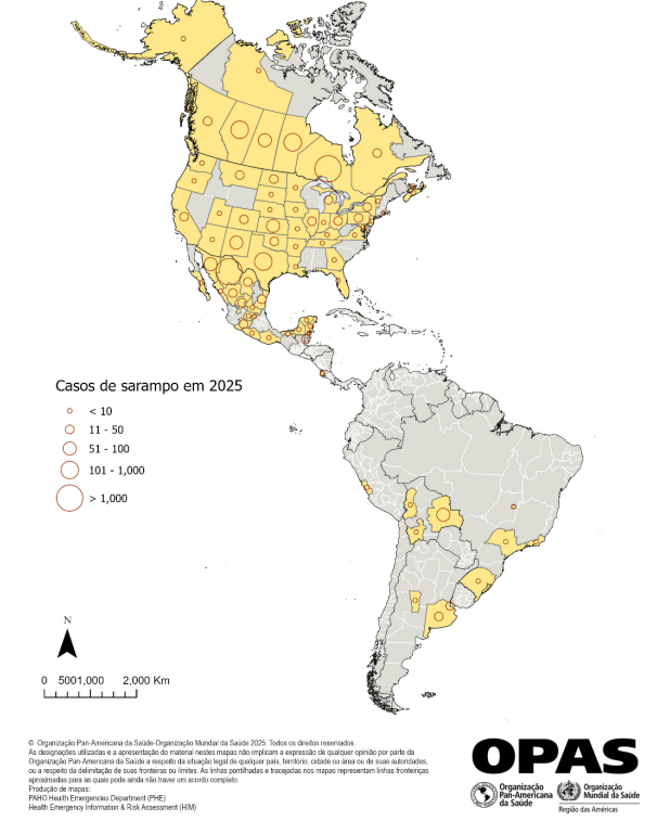 Distribuição geográfica dos casos confirmados em nível subnacional de sarampo (em amarelo) na região das Américas, 2025 (até a SE 25)