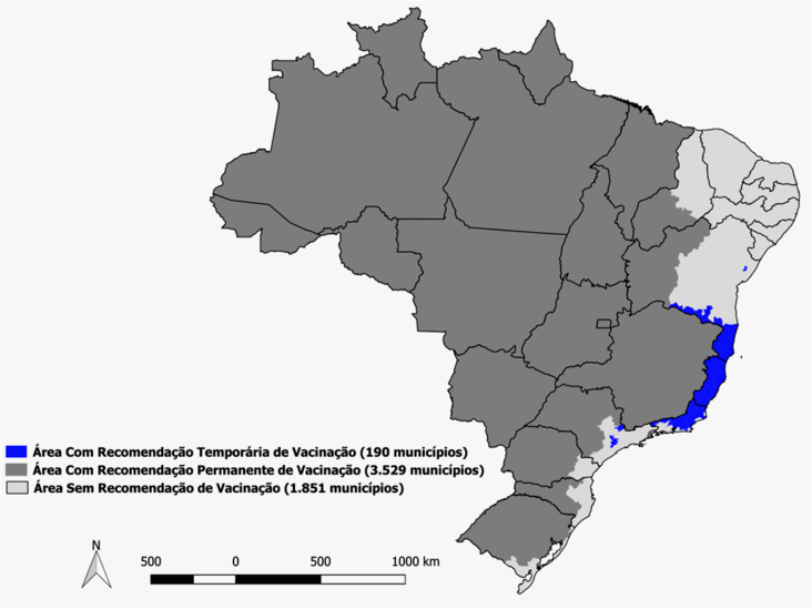 Distribuição dos municípios segundo a recomendação de vacinação para controle de surto e prevenção da Febre Amarela, Brasil, 2017. 