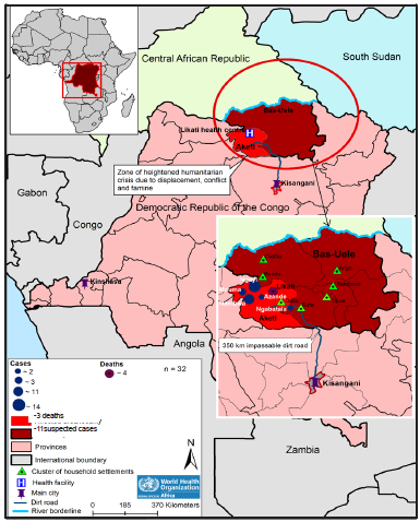 Distribuição geográfica dos casos de doença por vírus Ebola na República Democrática do Congo, de 22 de Abril a 19 de Maio de 2017.