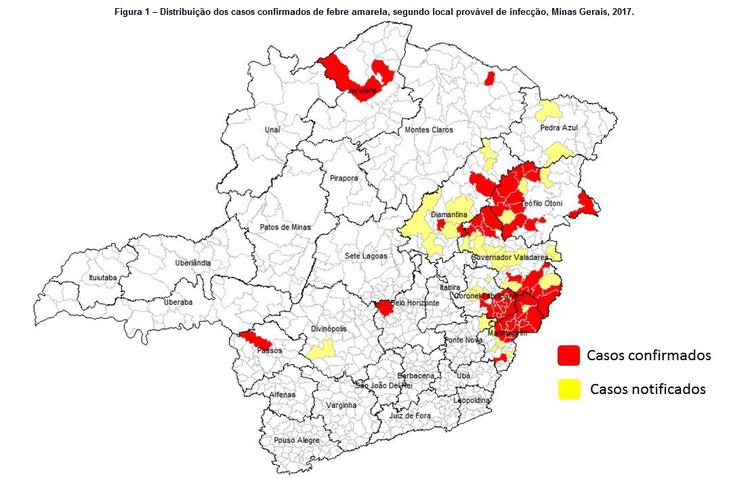 Figura 1 – Distribuição dos casos confirmados de febre amarela, segundo local provável de infecção, Minas Gerais, 2017.
