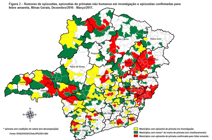 Figura 5 – Rumores de epizootias, epizootias de primatas não humanos em investigação e epizootias confirmadas para febre amarela, Minas Gerais, Dezembro/2016 - Março/2017.
