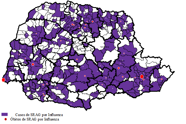 Casos e óbitos de SRAG por Influenza segundo municípios e Regionais de Saúde, Paraná, 2016*