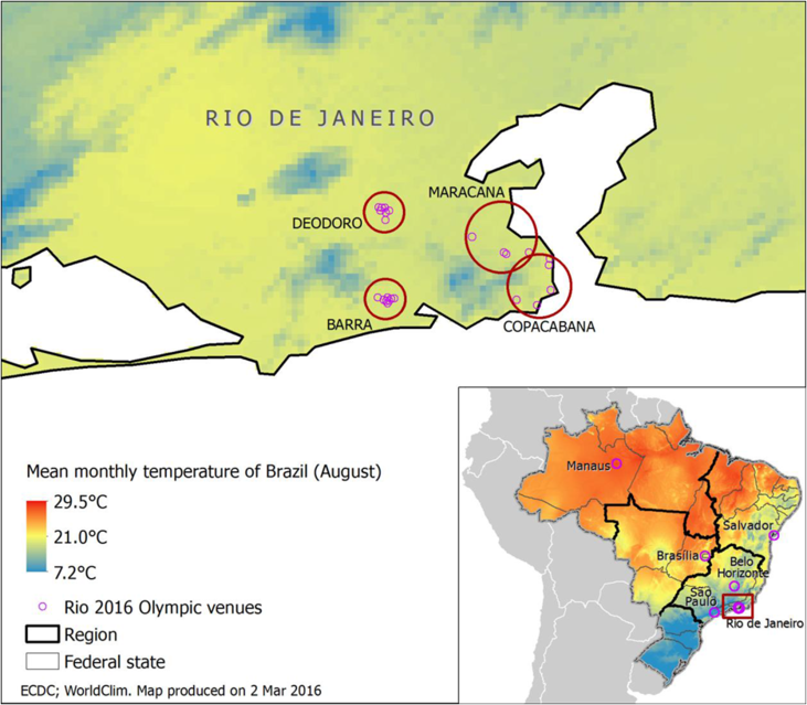 Locais de jogos na Olimpíada 2016 e temperaturas médias.