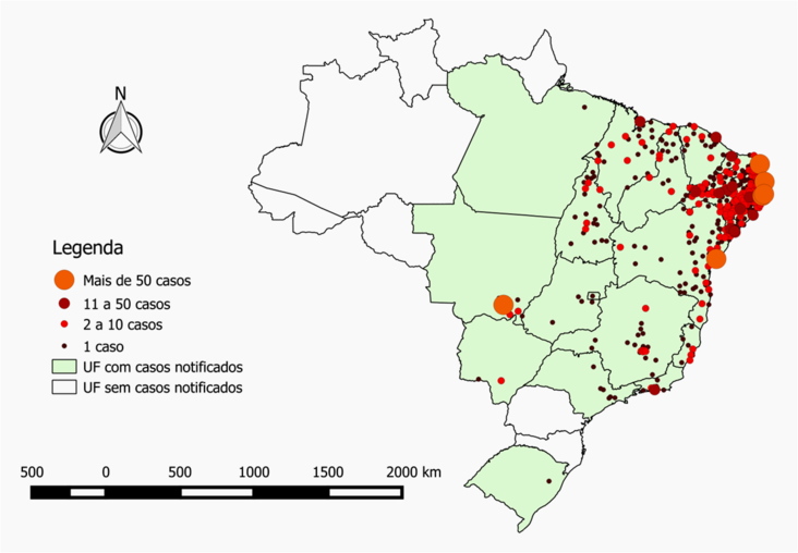 Distribuição geográfica de casos até 15/12/2015.