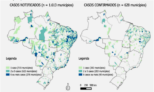 Distribuição espacial com casos confirmados de microcefalia e/ou alteração do SNC, Brasil, até a SE 32 2016. 