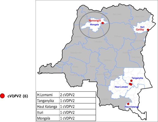  Figura 1. Distribuição dos casos de cVDPV2 de 1 de janeiro a 29 de junho de 2018 na República Democrática do Congo 