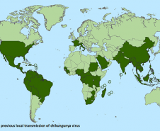 Países e territórios onde os casos de chikungunya foram relatados (até 20 de outubro de 2015).
Não inclui países ou territórios onde foram documentados apenas casos importados. Este mapa é atualizado semanalmente se há novos países ou territórios que relatam a transmissão local do vírus chikungunya.