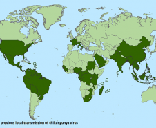 Países e territórios onde os casos de chikungunya foram relatados (até 20 de outubro de 2015).
Não inclui países ou territórios onde foram documentados apenas casos importados. Este mapa é atualizado semanalmente se há novos países ou territórios que relatam a transmissão local do vírus chikungunya.